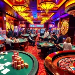 Engage in đánh bài đổi thưởng at a vibrant casino with poker tables and slot machines.