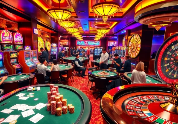 Engage in đánh bài đổi thưởng at a vibrant casino with poker tables and slot machines.
