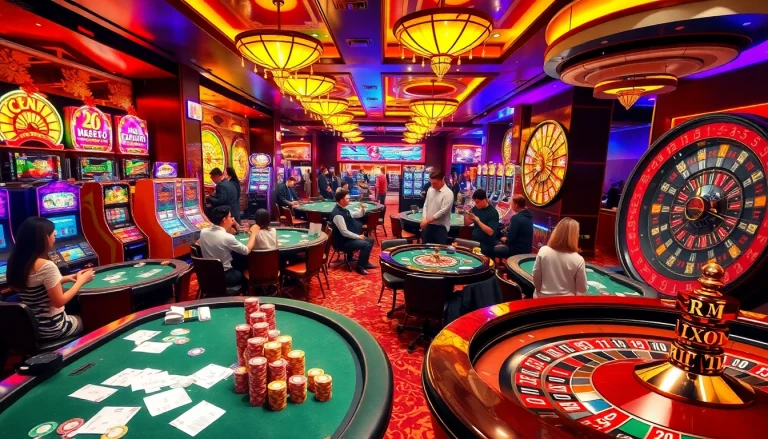 Engage in đánh bài đổi thưởng at a vibrant casino with poker tables and slot machines.